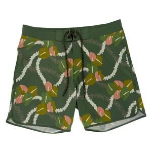 Fighting Eel Board Shorts Size 34 Men's Green Floral Designed in Hawaii